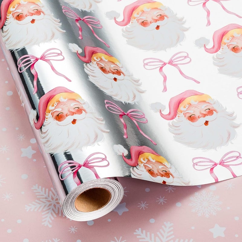 MAYPLUSS Christmas Wrapping Paper Roll - 17 Inch X 33 Feet - Pink Cute Bow Santa Claus Reversible Snowflake Gift Wrapping Paper, Thick Wrap Paper for Holiday Party New Year Kids - Image 1